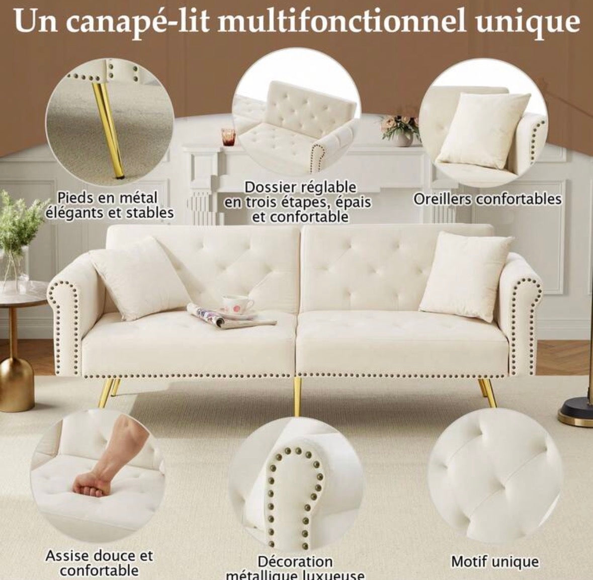 Velvet sofa bed with adjustable backrest and metal legs