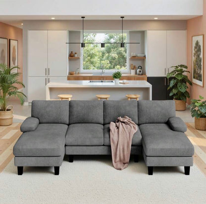 U-shaped sofa with corduroy upholstery.
