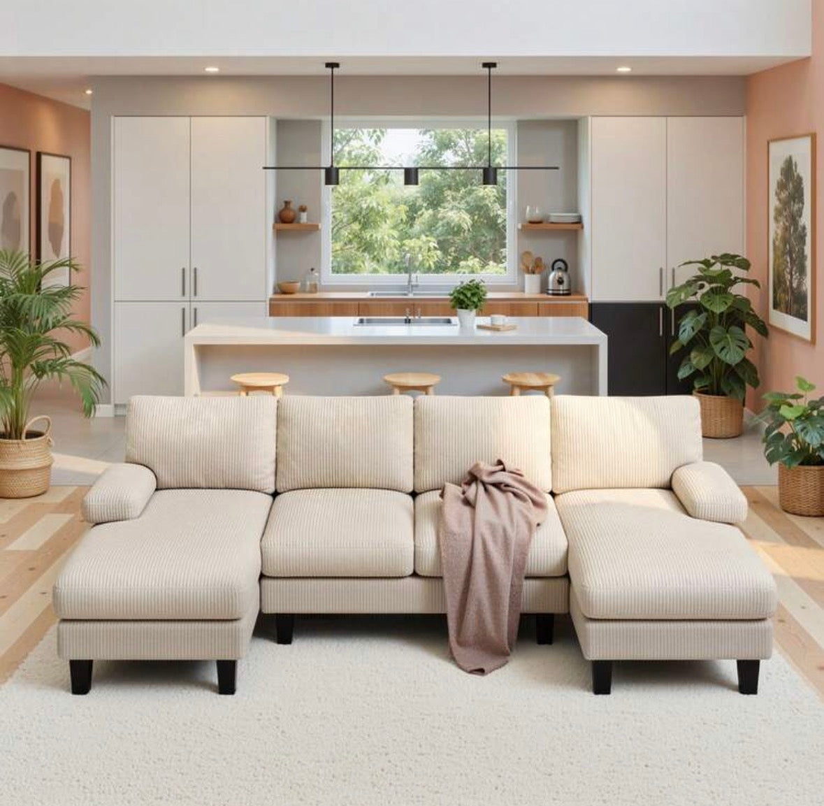 U-shaped sofa with corduroy upholstery.