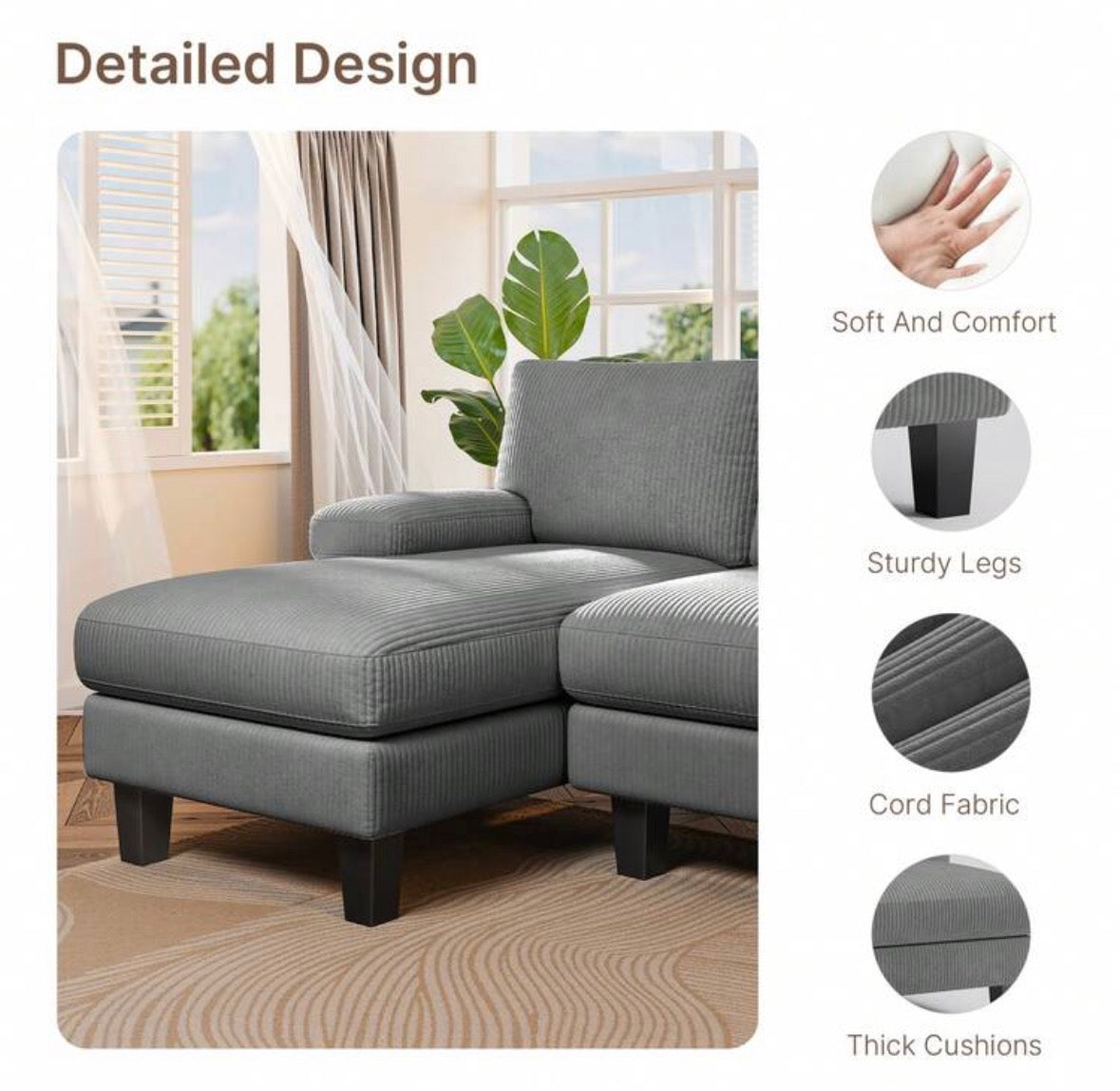 U-shaped sofa with corduroy upholstery.