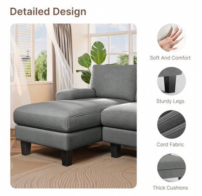 U-shaped sofa with corduroy upholstery.
