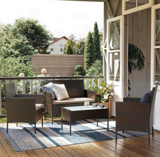 Ensemble pour salon de jardin extérieur (chaises + table tressés à surface en verre)