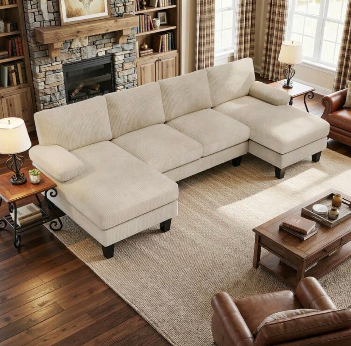 U-shaped sofa with corduroy upholstery.