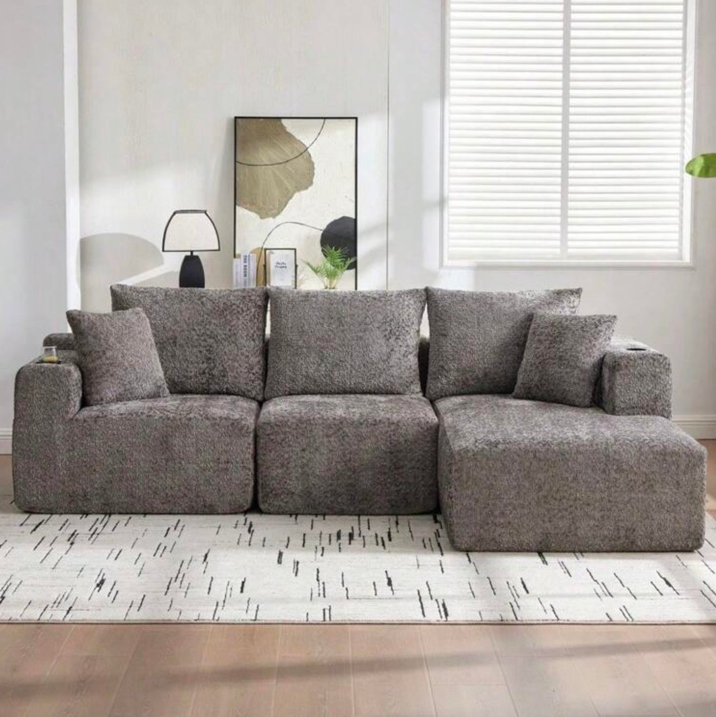 Canapé d'angle modulaire 102 pouces, gris sans armature avec porte-gobelets, forme en L avec assise profonde