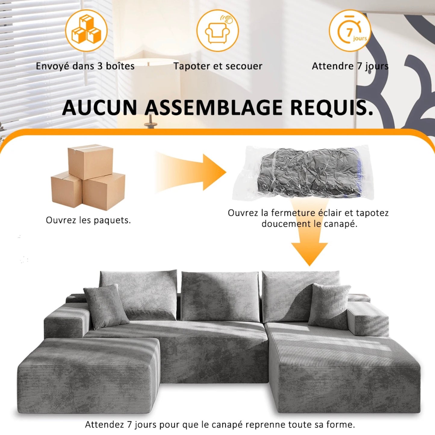 Canapé d'angle 3 Places en U en Velours Côtelé avec 5 Oreillers et 2 Poches, Emballage sous Vide, 3 Colis Expédiés.
