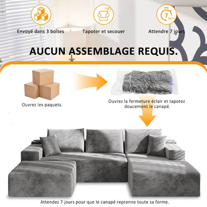 Canapé d'angle 3 Places en U en Velours Côtelé avec 5 Oreillers et 2 Poches, Emballage sous Vide, 3 Colis Expédiés.