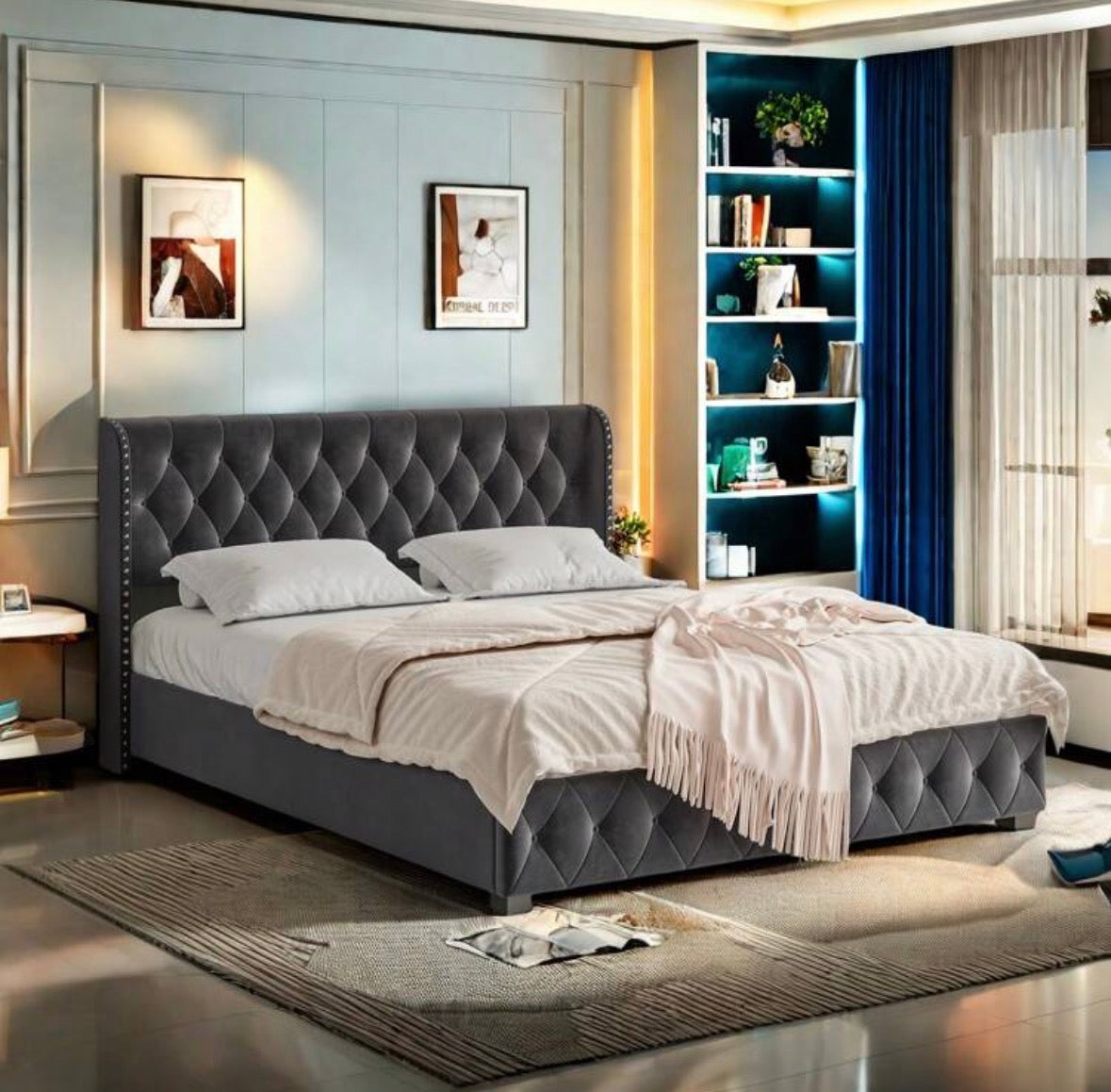 Upholstered velvet ottoman bed (double)