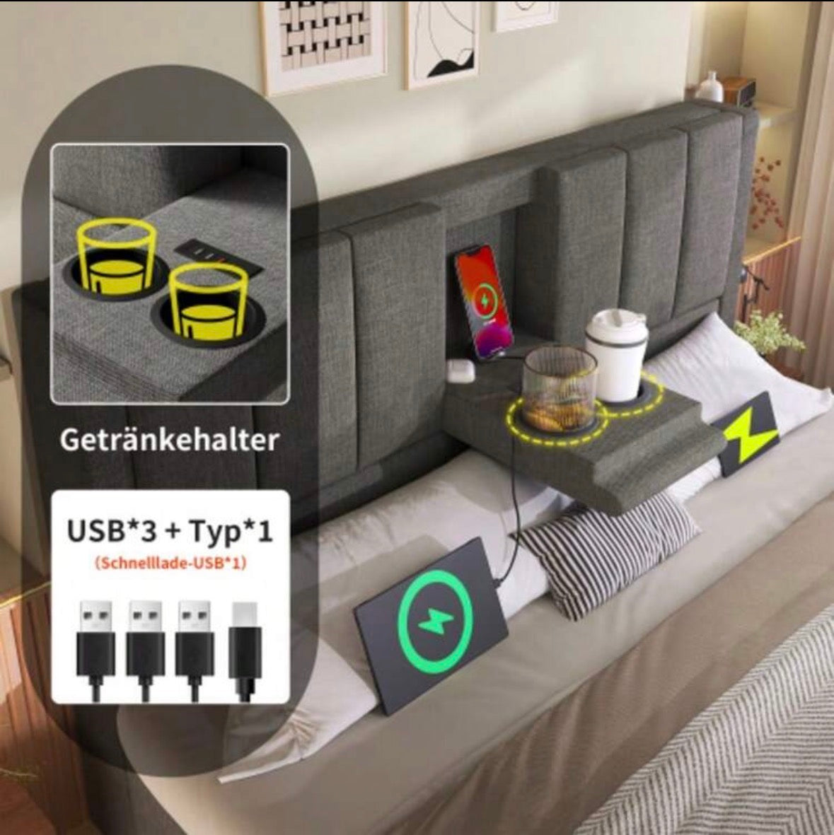 German storage bed (integrated drink holders, USB ports)