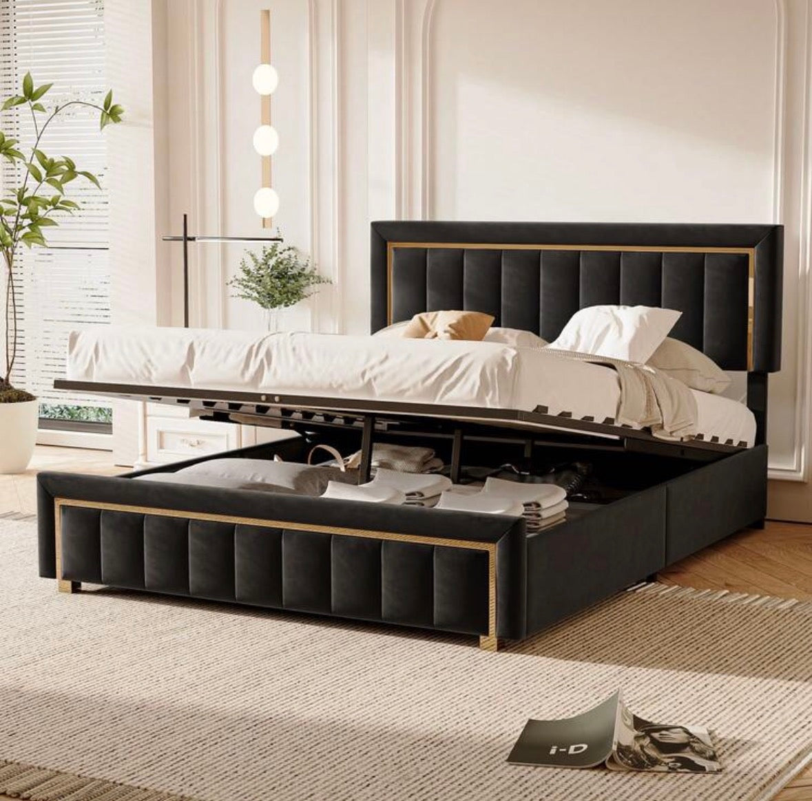 Upholstered storage bed with gilded trim