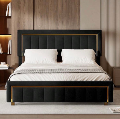 Upholstered storage bed with gilded trim