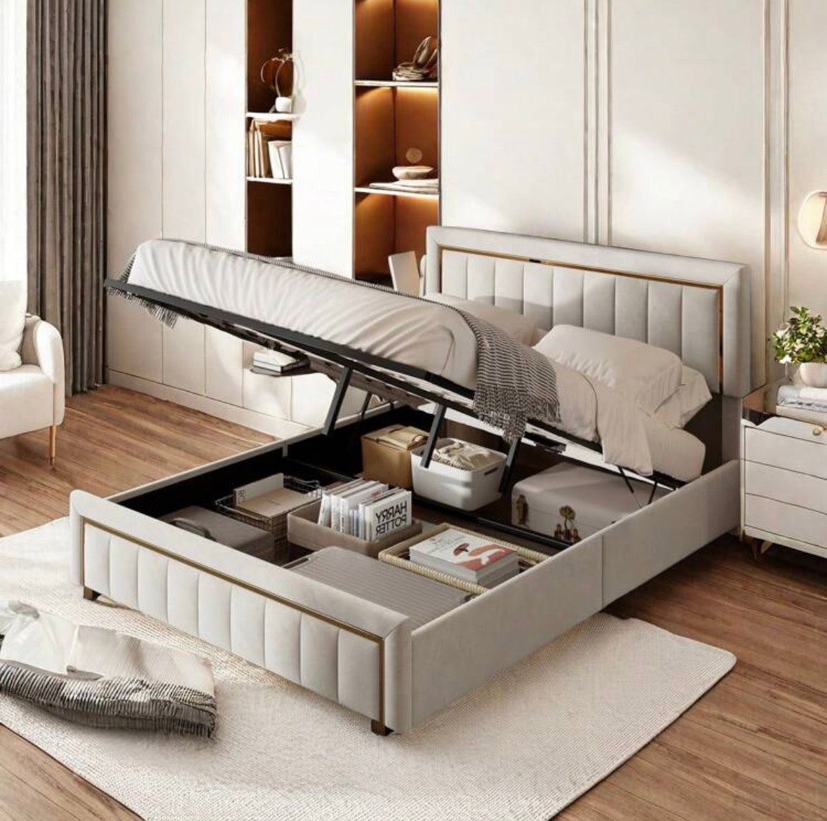 Upholstered storage bed with gilded trim