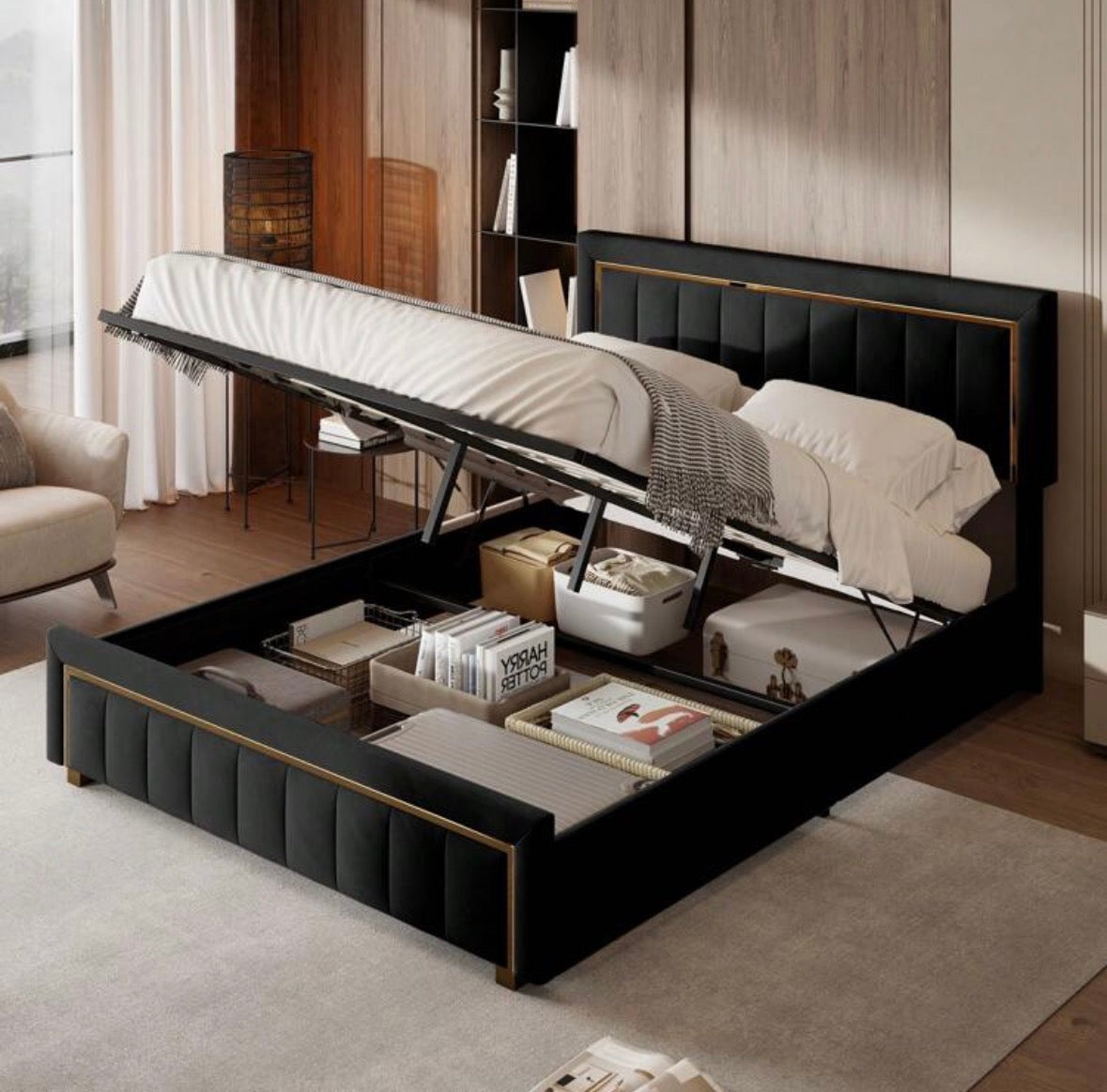 Upholstered storage bed with gilded trim