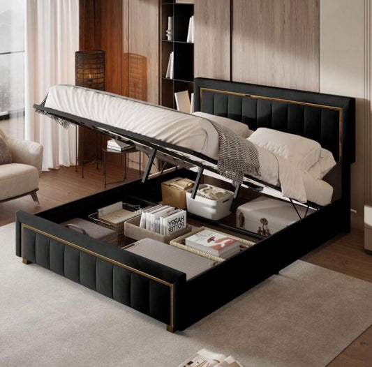Upholstered storage bed with gilded trim