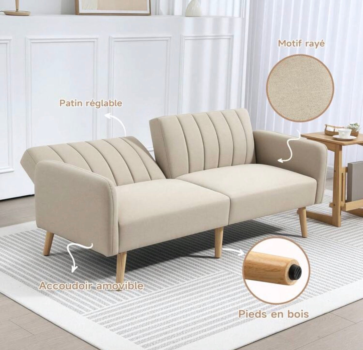 Sofa bed, two-seater Scandinavian design, three-position adjustable backrest