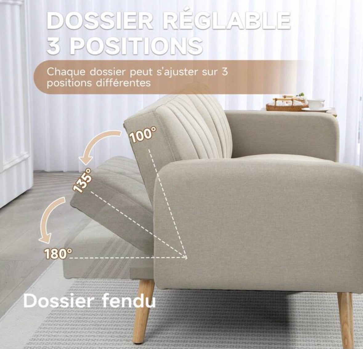 Sofa bed, two-seater Scandinavian design, three-position adjustable backrest