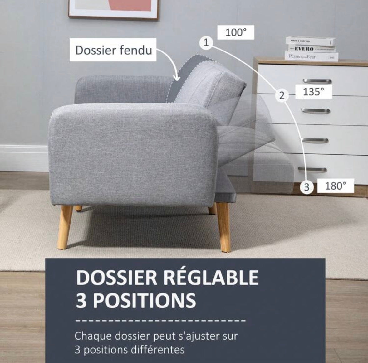 Sofa bed, two-seater Scandinavian design, three-position adjustable backrest