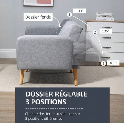 Sofa bed, two-seater Scandinavian design, three-position adjustable backrest