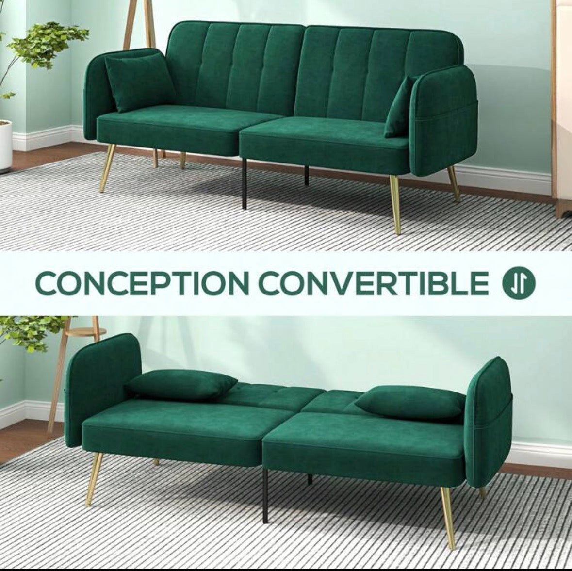 2-seater clic-clac sofa (pine green) cushions included