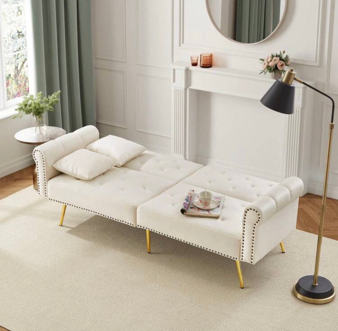 Velvet sofa bed with adjustable backrest and metal legs