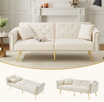 Velvet sofa bed with adjustable backrest and metal legs