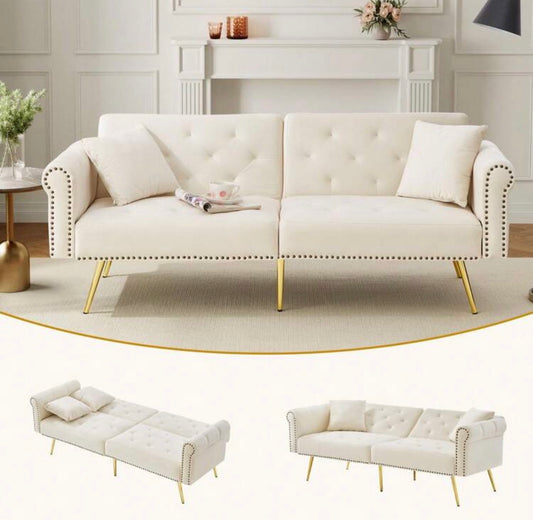 Velvet sofa bed with adjustable backrest and metal legs