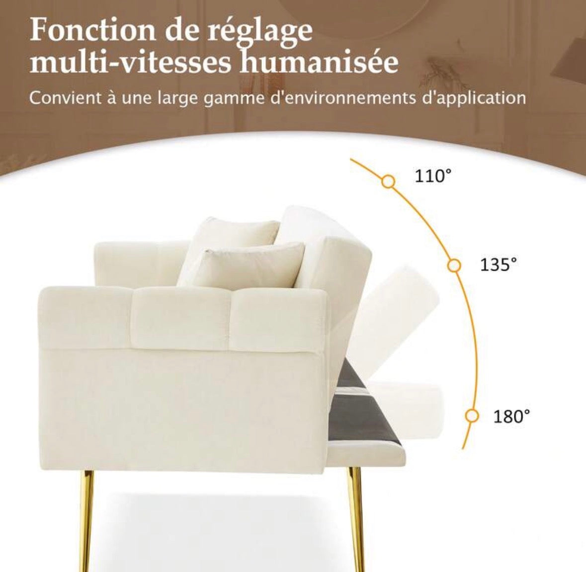 Velvet sofa bed with adjustable backrest and metal legs