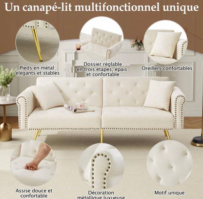 Velvet sofa bed with adjustable backrest and metal legs
