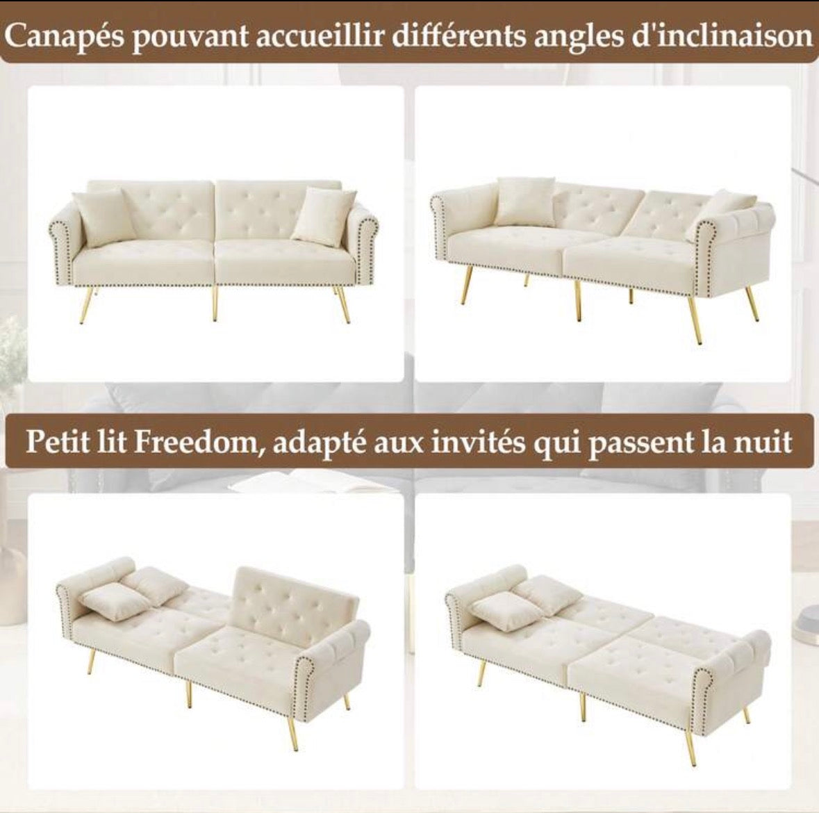Velvet sofa bed with adjustable backrest and metal legs