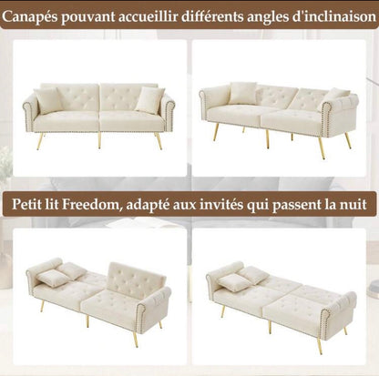 Velvet sofa bed with adjustable backrest and metal legs