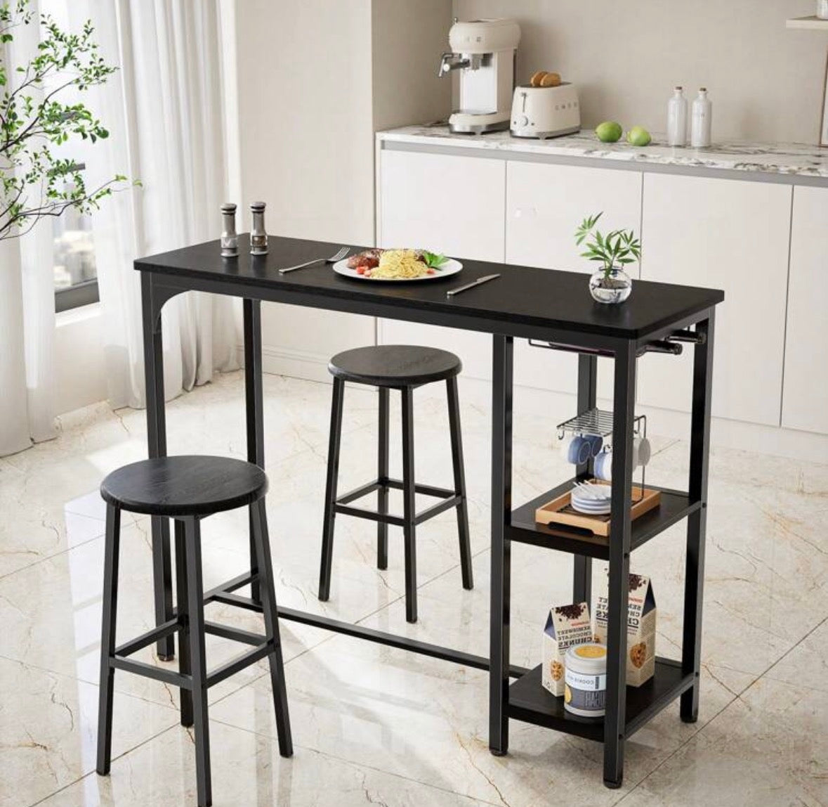 Ensemble de bar mange-de debout 3 pièces avec table avec armoire de rangement ouverte et chaises
