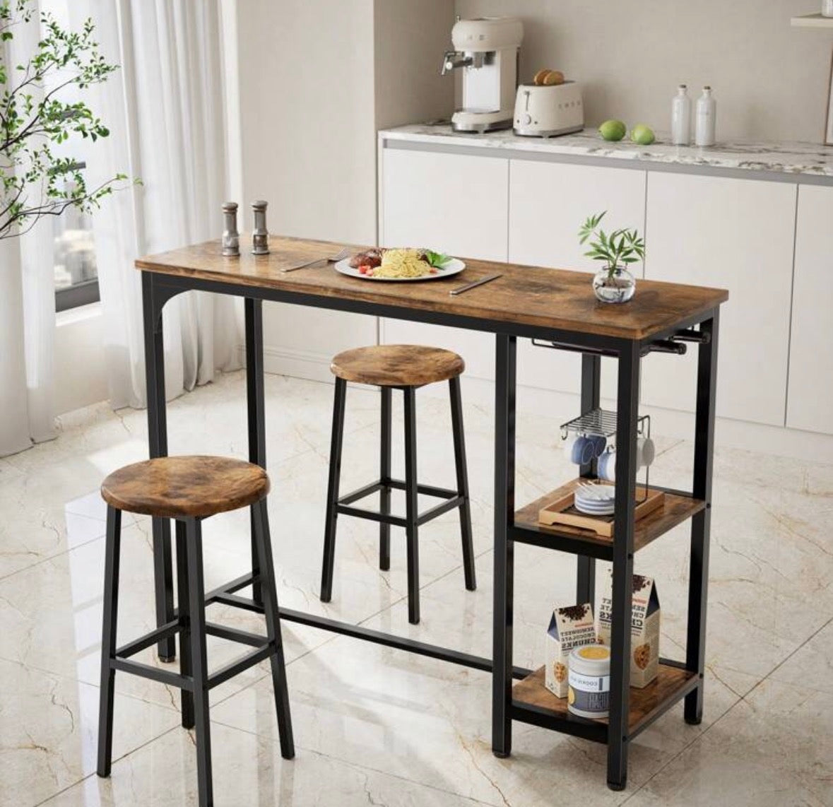 Ensemble de bar mange-de debout 3 pièces avec table avec armoire de rangement ouverte et chaises