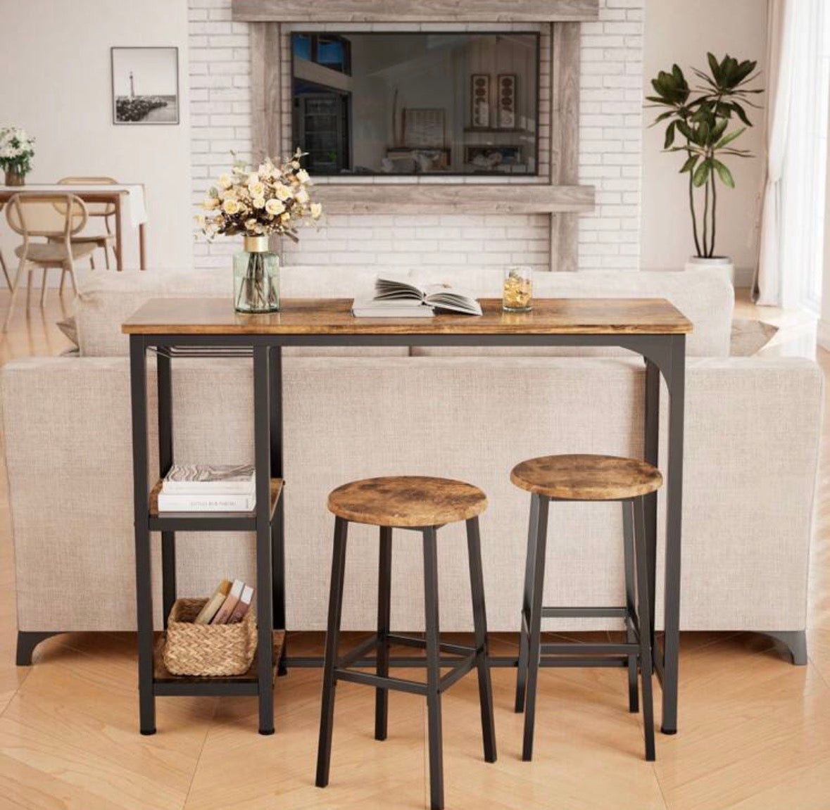 Ensemble de bar mange-de debout 3 pièces avec table avec armoire de rangement ouverte et chaises