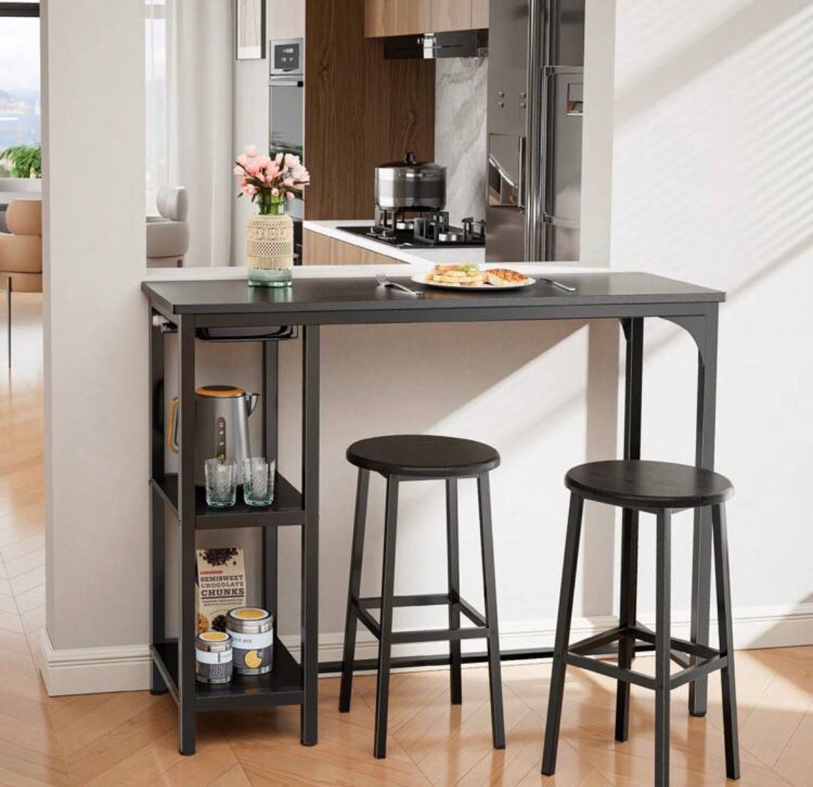 Ensemble de bar mange-de debout 3 pièces avec table avec armoire de rangement ouverte et chaises