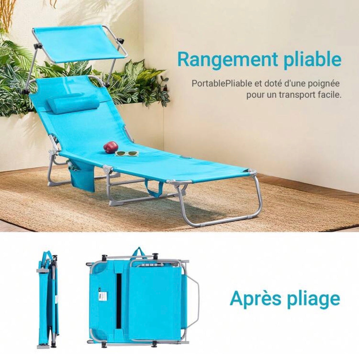 Ensemble de 2 chaises longues pliables avec pare-soleil