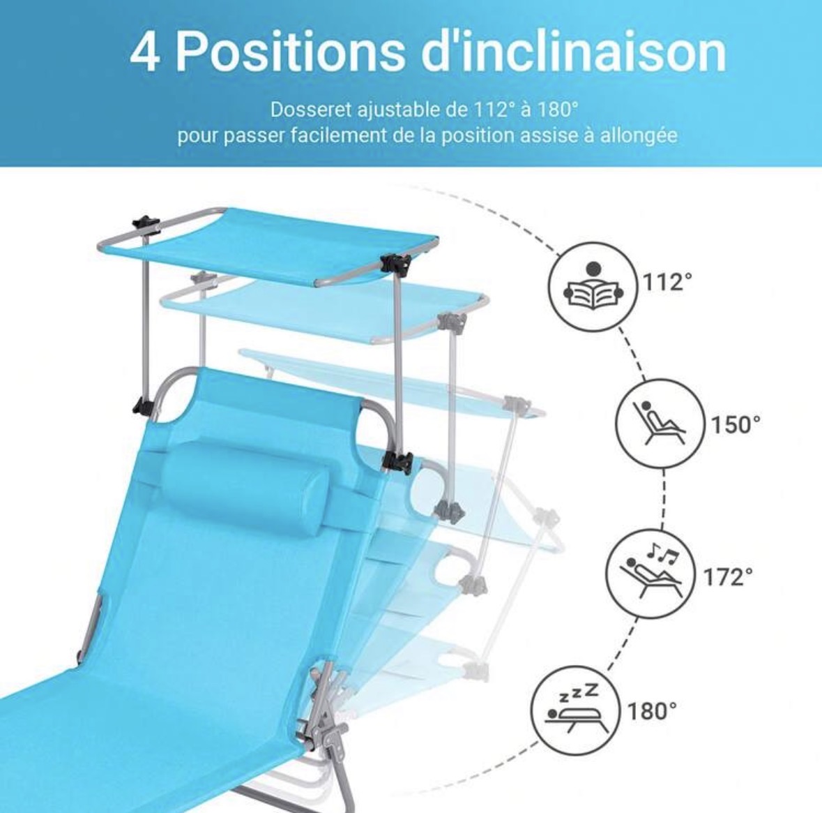 Ensemble de 2 chaises longues pliables avec pare-soleil