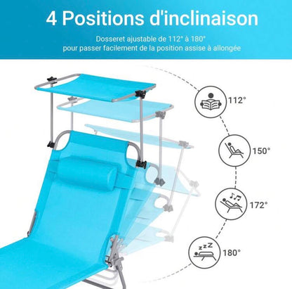 Ensemble de 2 chaises longues pliables avec pare-soleil