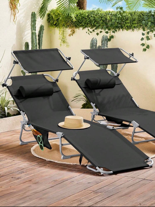 Ensemble de 2 chaises longues pliables avec pare-soleil